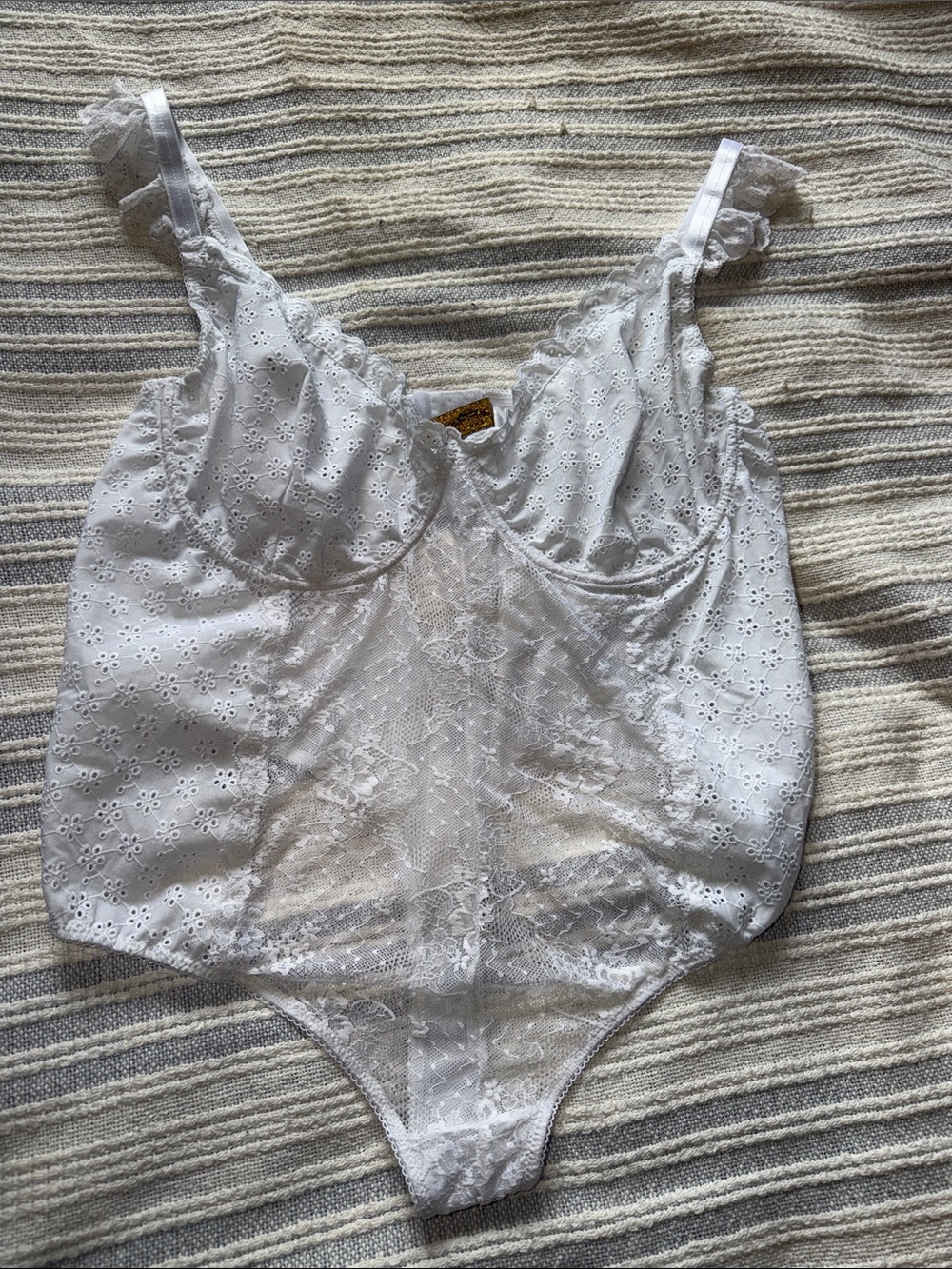 Adorable White Lace Eyelet Bodysuit with Sheer Panels